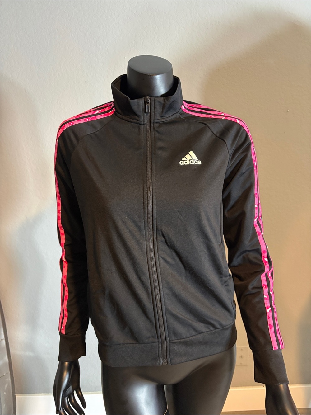 adidas Black Track Jacket with Pink Stripe Accents